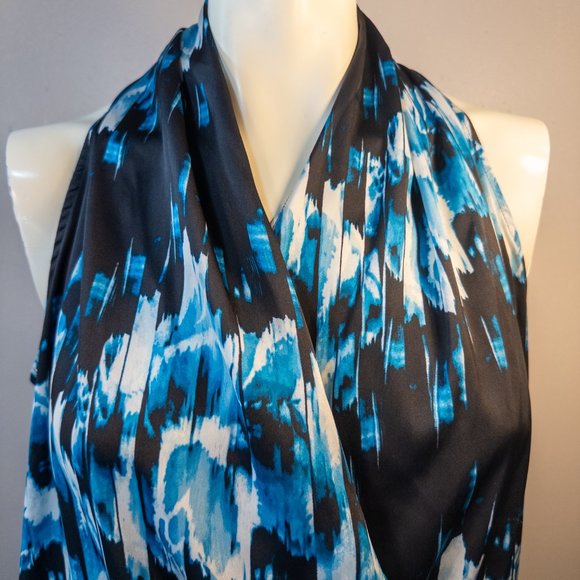 Derek Lam Size Medium Dress Black Blue Surplice Bubble Hem Pockets Faux Wrap - Picture 6 of 12